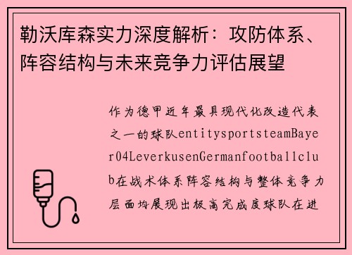 勒沃库森实力深度解析：攻防体系、阵容结构与未来竞争力评估展望